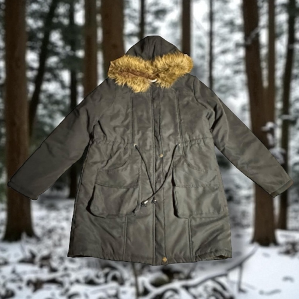 Beyove Coat Charcoal Hooded Parka Utility Cargo Faux Fur Trim & Lining Women’s M - Picture 7 of 16